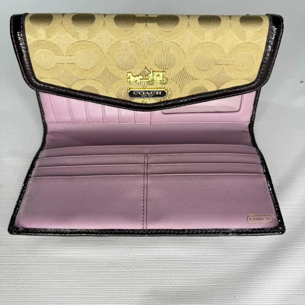 VINTAGE Coach Madison Op Art Checkbook Wallet | Khaki Brown Canvas Patent Leathe